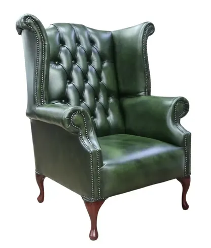 Chesterfield 1780's Queen Anne High Back Wing Chair Antique Green Leather