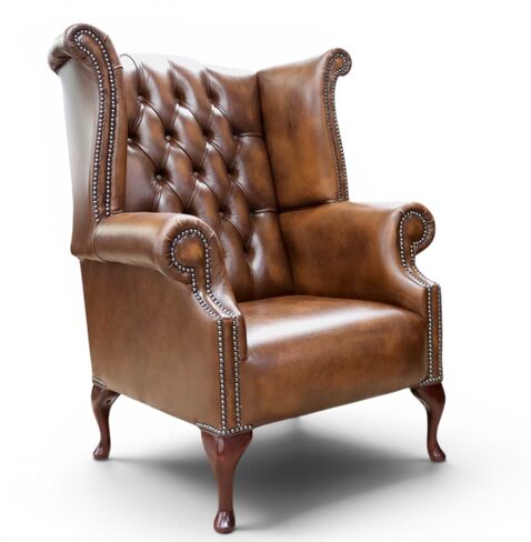Chesterfield 1780's Queen Anne High Back Wing Chair Antique Tan Leather