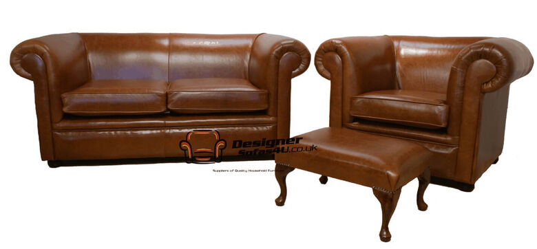 Chesterfield 1930 2 Seater + Club Chair + Footstool Settee Old English Bruciatto Leather Sofa Offer