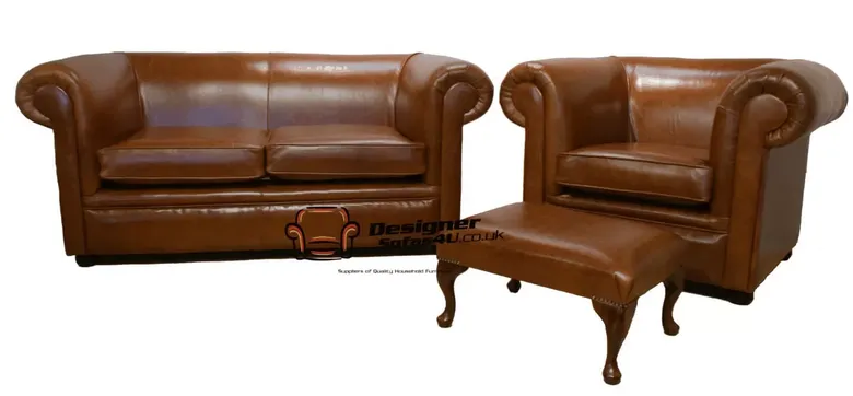 Chesterfield 1930 2 Seater + Club Chair + Footstool Settee Old English Bruciatto Leather Sofa Offer
