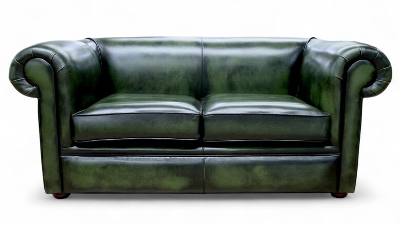 Chesterfield 1930's 2 Seater Settee Antique Green Leather Sofa