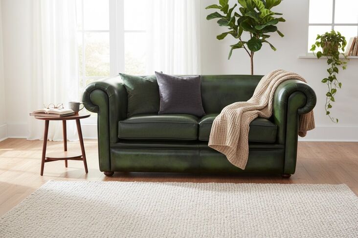 Chesterfield 1930's 2 Seater Settee Antique Green Leather Sofa