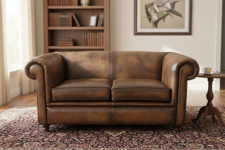 Chesterfield 1930's 2 Seater Settee Antique Tan Leather Sofa