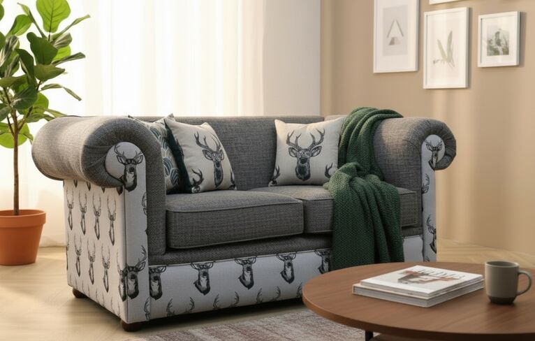 Chesterfield 1930's Grey Antler Stag 2 Seater Grey Fabric Sofa
