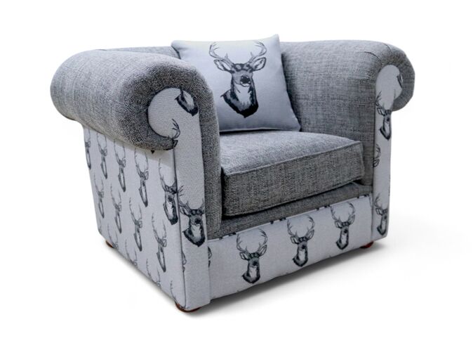 Chesterfield 1930's Low Back Club Chair Antler Stag Charcoal Grey Fabric