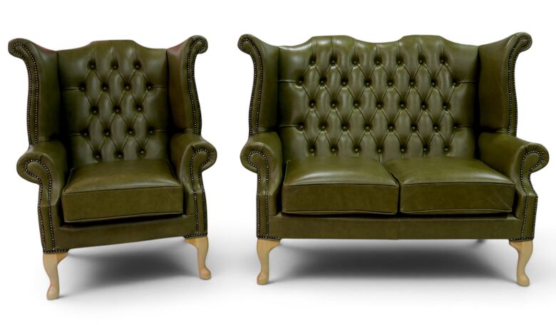 Chesterfield 2+1 Seater Queen Anne High Back Wing Sofa And Chair Old English Olive Green Leather