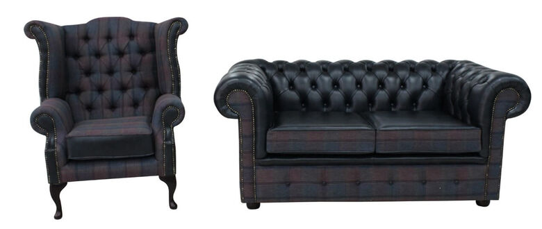 Chesterfield 2 + Wing Chair Suite Lewis Check Plum & Antique Blue Leather Sofa Offer