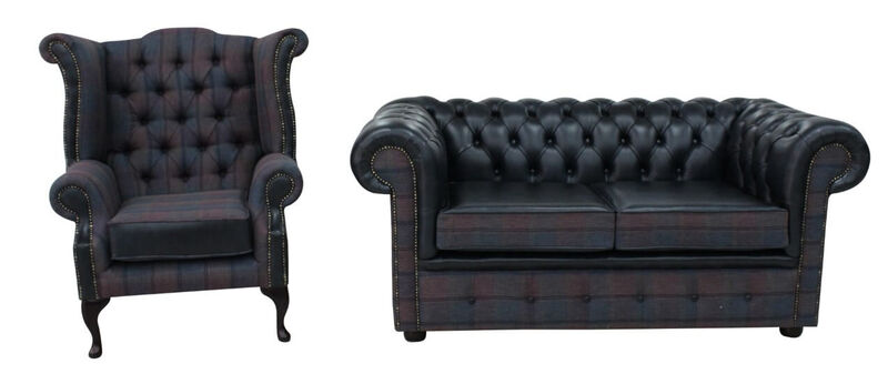 Product photograph of Chesterfield 2 Wing Chair Suite Lewis Check Plum Amp Antique Amp Hellip from Designer Sofas 4U