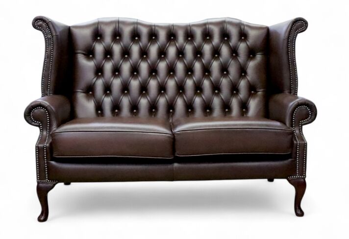 Chesterfield 2.5 Seater Queen Anne High Back Wing Sofa Antique Brown