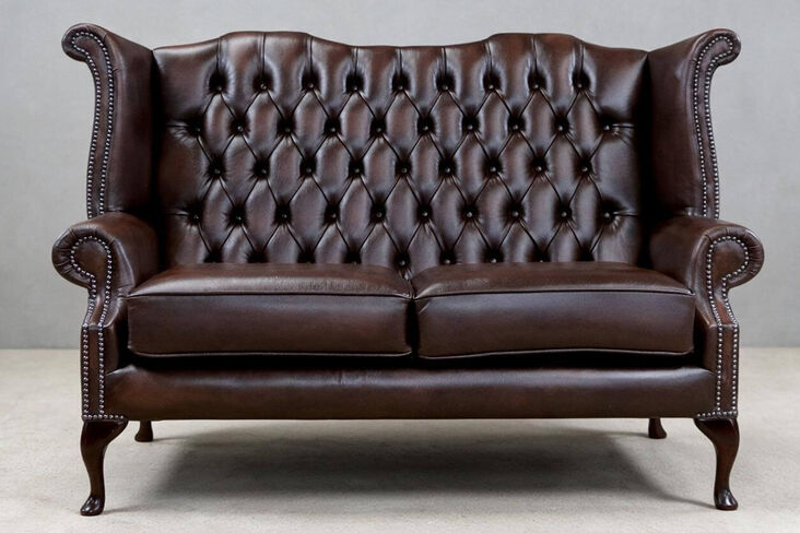 Chesterfield 2.5 Seater Queen Anne High Back Wing Sofa Antique Brown
