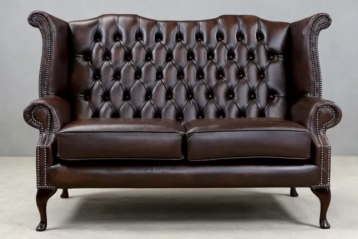 Chesterfield 2.5 Seater Queen Anne High Back Wing Sofa Antique Brown