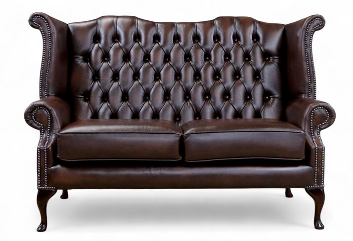 Chesterfield 2.5 Seater Queen Anne High Back Wing Sofa Antique Brown