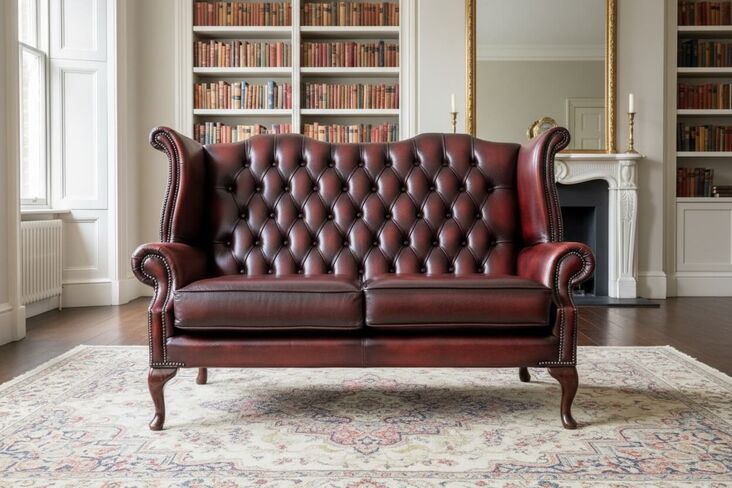 Chesterfield 2.5 Seater Queen Anne High Back Wing Sofa Antique Oxblood