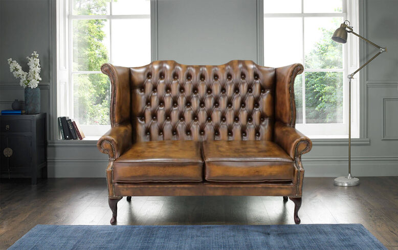 Chesterfield 2.5 Seater Queen Anne High Back Wing Sofa Antique Tan
