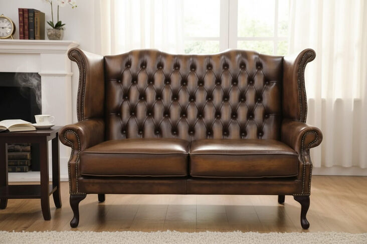 Chesterfield 2.5 Seater Queen Anne High Back Wing Sofa Antique Tan