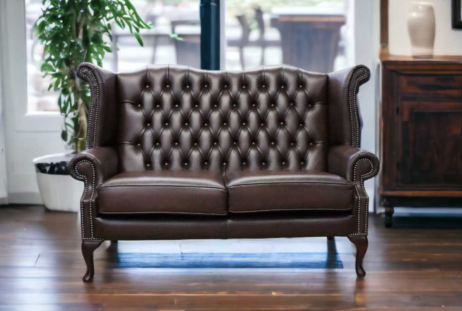 Product photograph of Chesterfield 2 5 Seater Queen Anne High Back Wing Sofa Antique Brown from Designer Sofas 4U