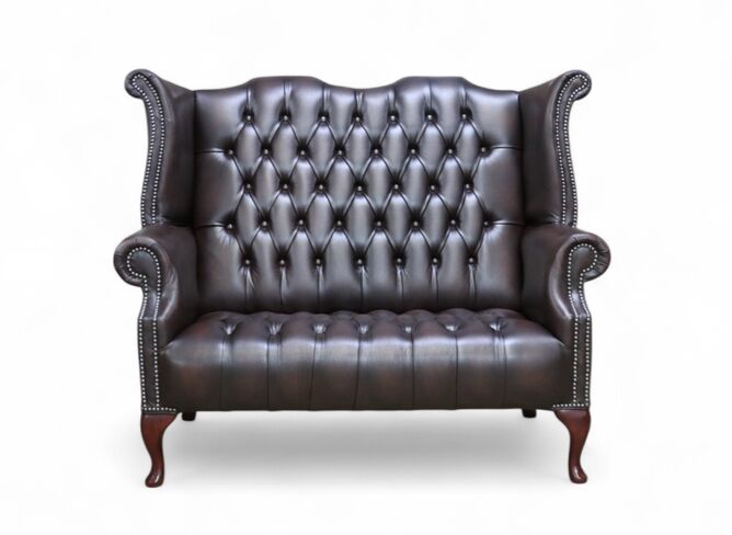 Chesterfield 2 Seater Antique Brown Leather Queen Anne Buttoned Seat High Back Wing Sofa
