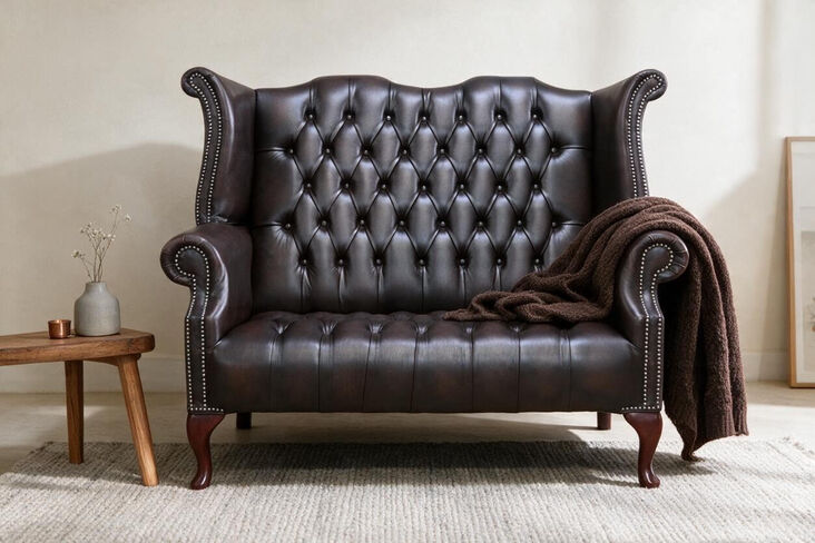 Chesterfield 2 Seater Antique Brown Leather Queen Anne Buttoned Seat High Back Wing Sofa
