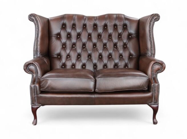 Chesterfield 2 Seater Antique Brown Leather Queen Anne High Back Wing Sofa