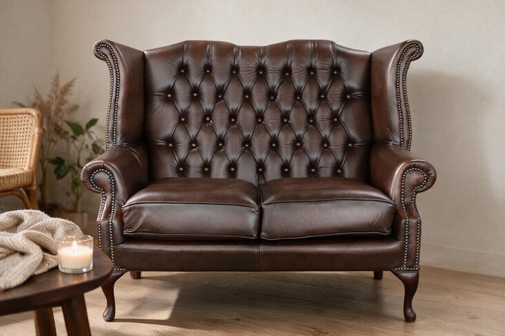 Chesterfield 2 Seater Antique Brown Leather Queen Anne High Back Wing Sofa
