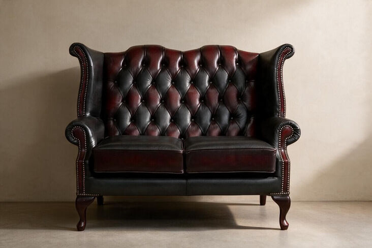 Chesterfield 2 Seater Antique Devil Patchwork Leather Queen Anne High Back Wing Sofa