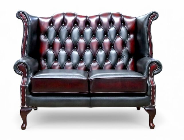 Chesterfield 2 Seater Antique Devil Patchwork Leather Queen Anne High Back Wing Sofa
