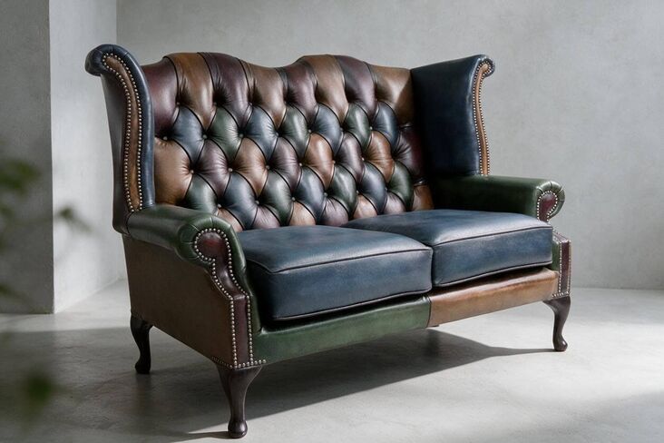 Chesterfield 2 Seater Antique Patchwork Leather Queen Anne High Back Wing Sofa