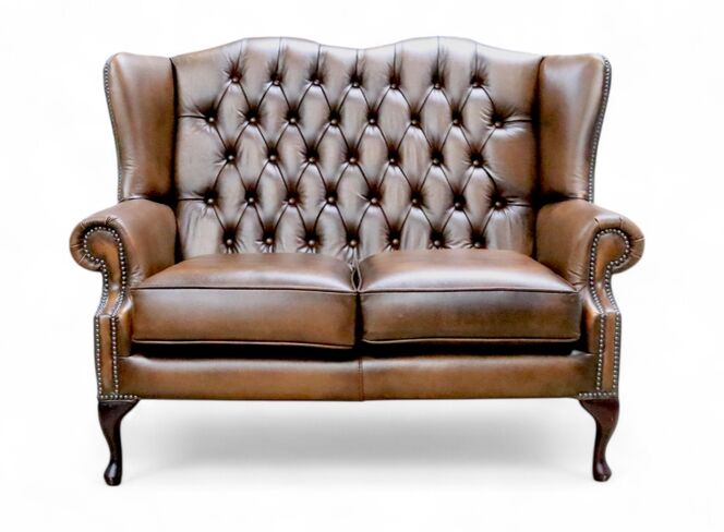 Chesterfield 2 Seater Bloomsbury Queen Anne High Back Wing Sofa Antique Tan Leather