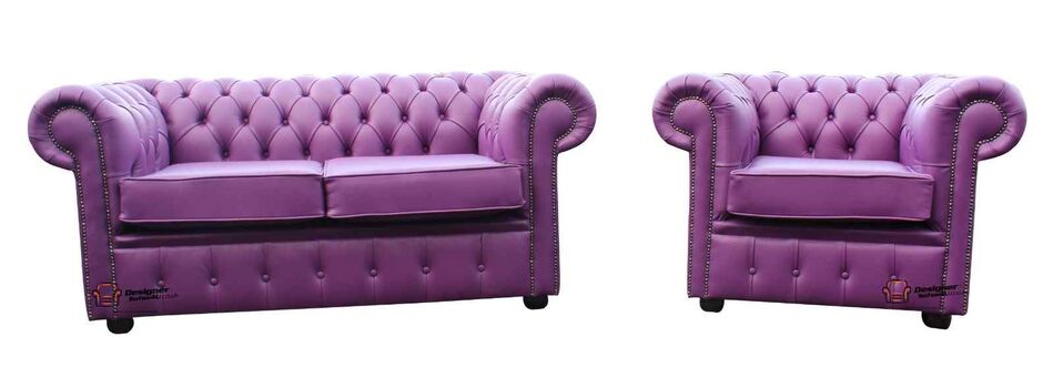 Chesterfield 2 Seater + Club Chair Suite Wineberry Purple Leather