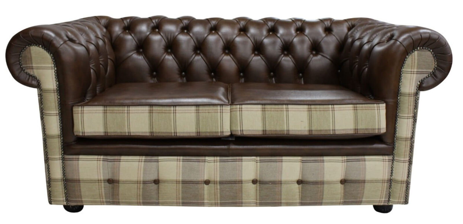 Product photograph of Chesterfield 2 Seater Lewis Check Mushroom Amp Antique Brown Leather Sofa Offer from Designer Sofas 4U