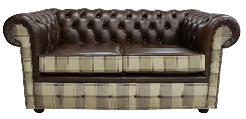 Product photograph of Chesterfield 2 Seater Lewis Check Mushroom Amp Antique Brown Amp Hellip from Designer Sofas 4U