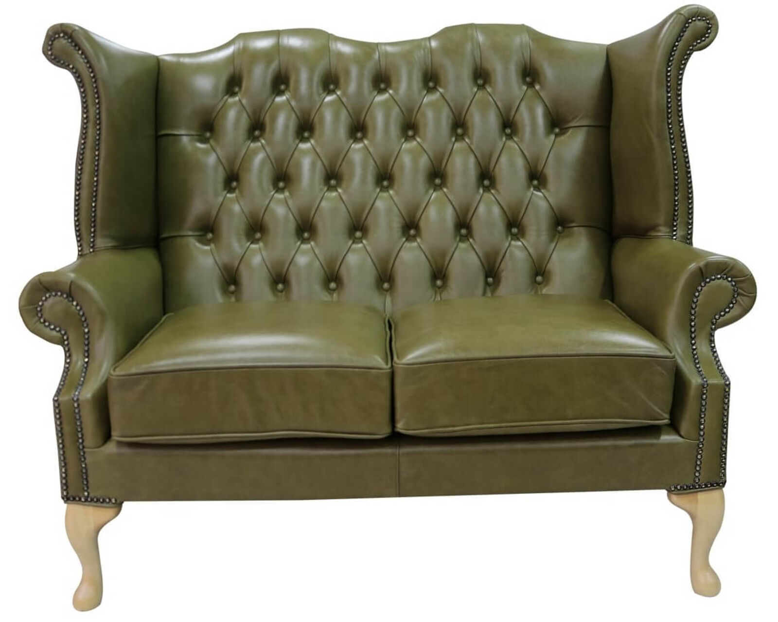 Product photograph of Chesterfield 2 Seater Queen Anne High Back Wing Sofa Old English Olive Green Leather from Designer Sofas 4U