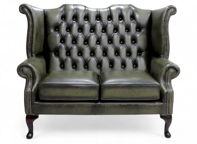 Chesterfield 2 Seater Queen Anne High Back Wing Sofa Antique Olive Leather
