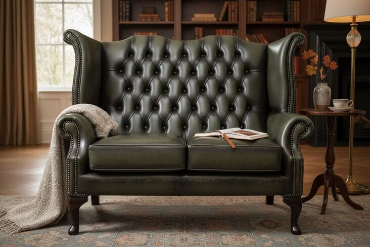 Chesterfield 2 Seater Queen Anne High Back Wing Sofa Antique Olive Leather