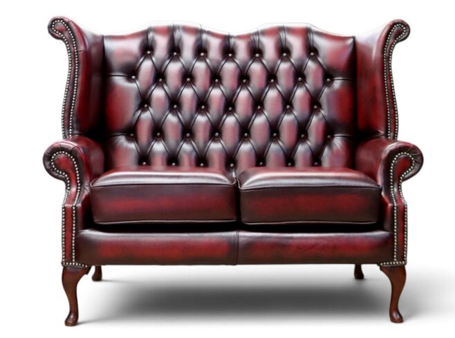 Chesterfield 2 Seater Queen Anne High Back Wing Sofa Antique Oxblood Leather