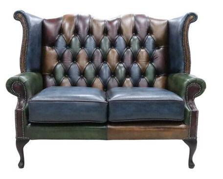 Chesterfield 2 Seater Queen Anne High Back Wing Sofa Antique Patchwork Leather