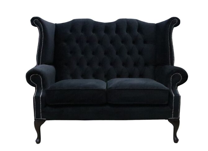 Chesterfield 2 Seater Queen Anne High Back Wing Sofa Chair Amalfi Black Velvet