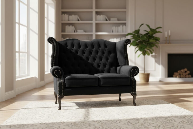 Chesterfield 2 Seater Queen Anne High Back Wing Sofa Chair Amalfi Black Velvet