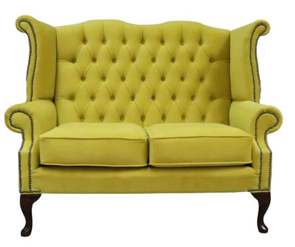 Chesterfield 2 Seater Queen Anne High Back Wing Sofa Chair Amalfi Buttercup Velvet
