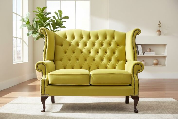 Chesterfield 2 Seater Queen Anne High Back Wing Sofa Chair Amalfi Buttercup Velvet