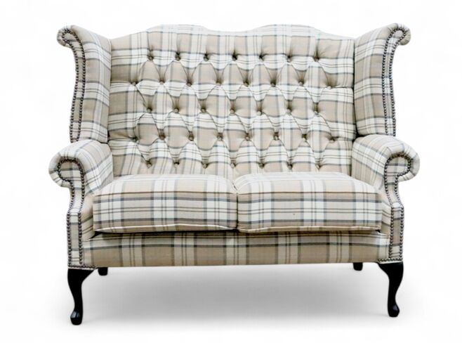 Chesterfield 2 Seater Queen Anne High Back Wing Sofa Chair Lana Beige