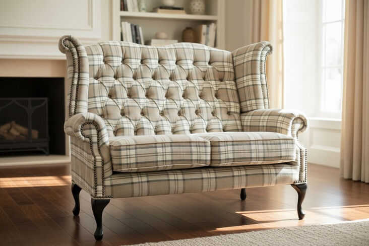 Chesterfield 2 Seater Queen Anne High Back Wing Sofa Chair Lana Beige