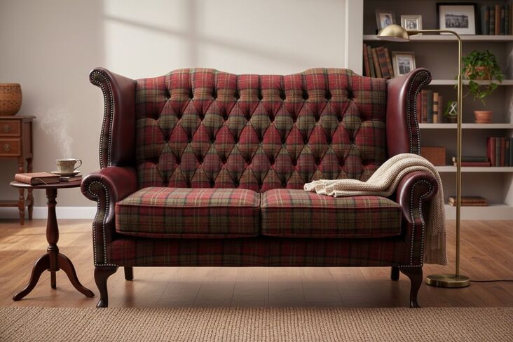 Chesterfield 2 Seater Queen Anne High Back Wing Sofa Chair Lana Terracotta Antique Oxblood Leather