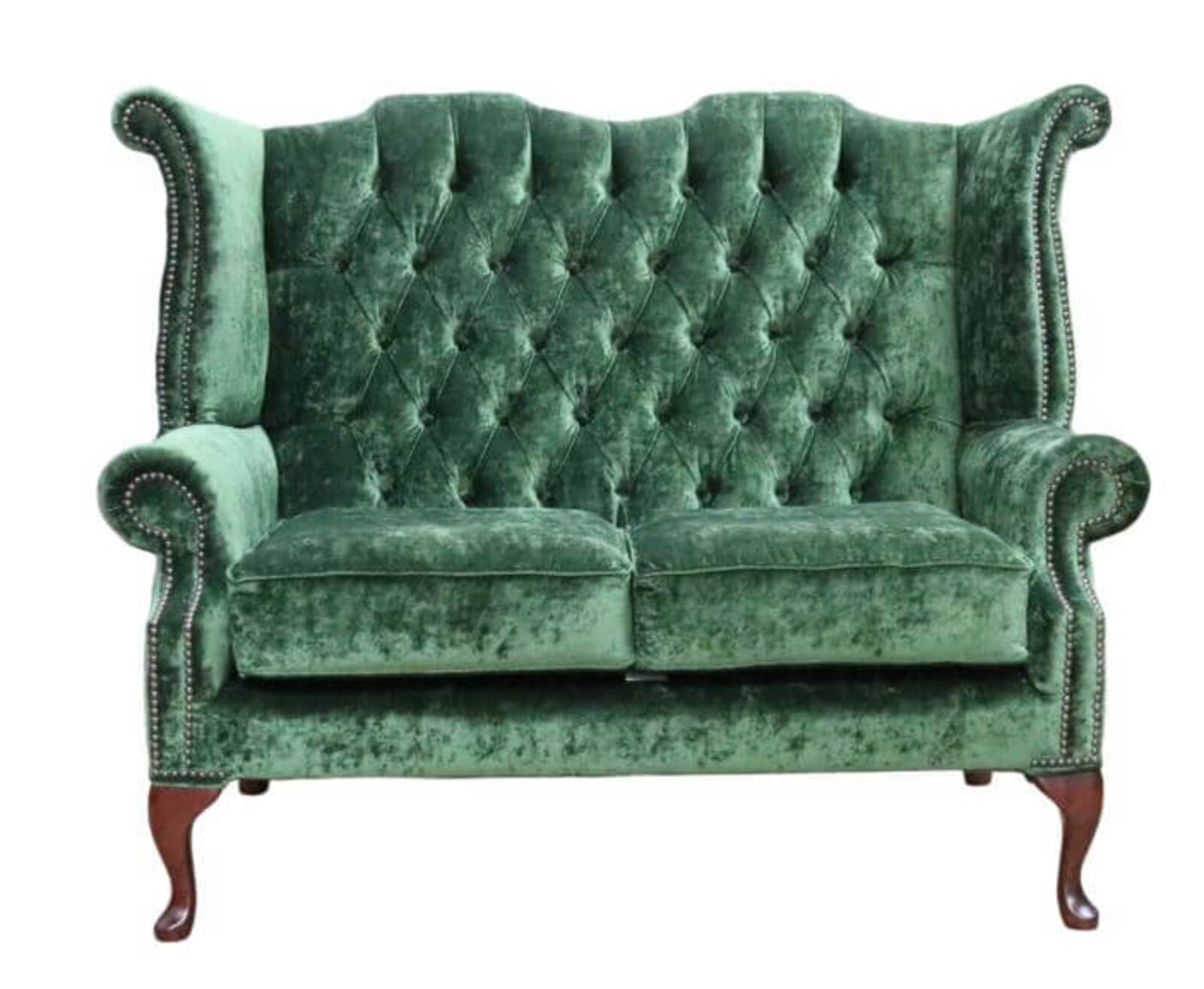 Product photograph of Chesterfield 2 Seater Queen Anne High Back Wing Sofa Chair Modena Forest Green Velvet from Designer Sofas 4U