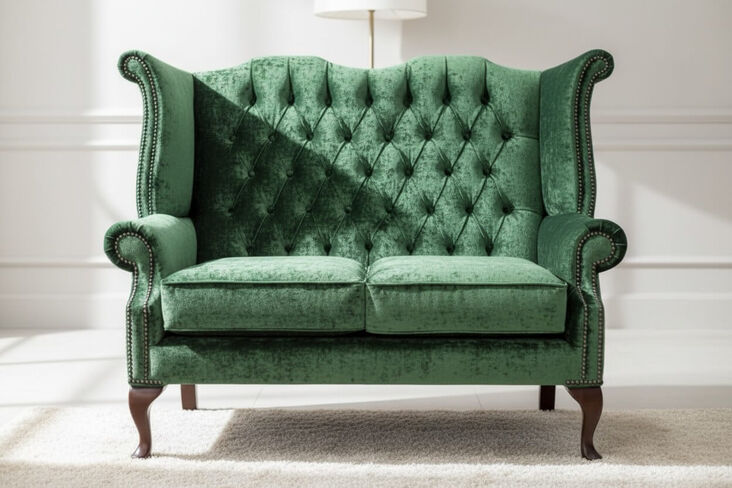 Chesterfield 2 Seater Queen Anne High Back Wing Sofa Chair Modena Forest Green Velvet