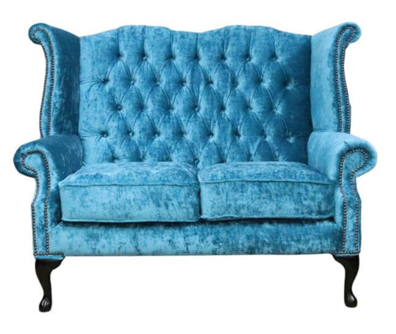 Product photograph of Chesterfield 2 Seater Queen Anne High Back Wing Sofa Chair Modena Peacock Blue Velvet from Designer Sofas 4U