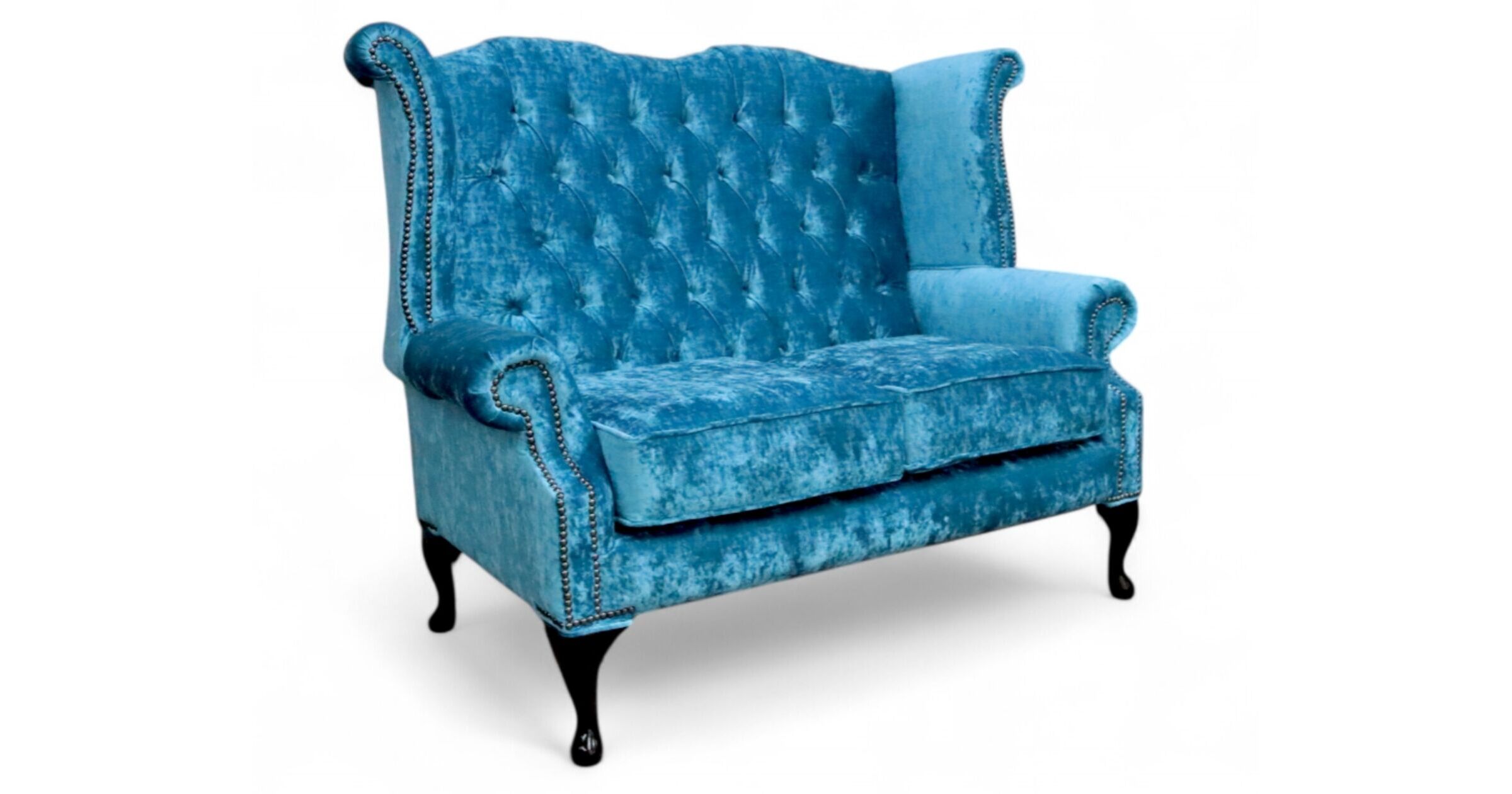 Peacock Velvet Elegance: Chesterfield 2-Seater High Back Wing Chair