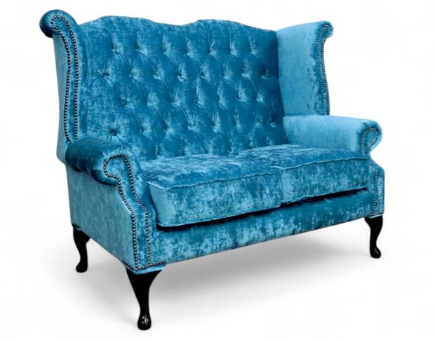 Chesterfield 2 Seater Queen Anne High Back Wing Sofa Chair Modena Peacock Blue Velvet