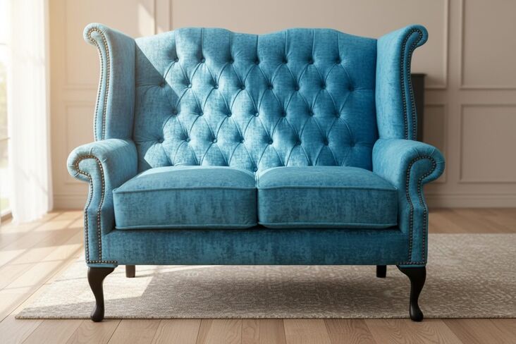 Chesterfield 2 Seater Queen Anne High Back Wing Sofa Chair Modena Peacock Blue Velvet