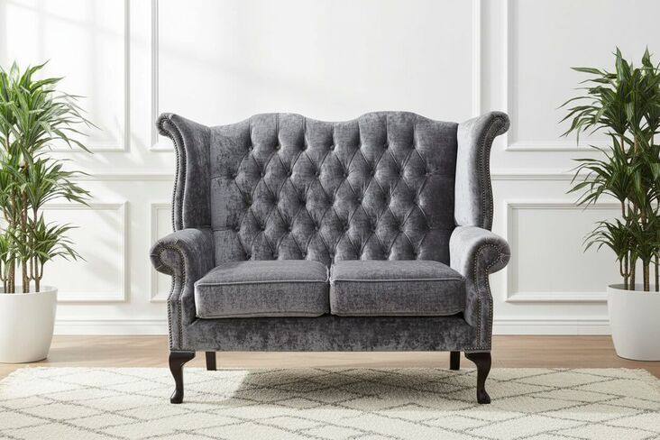 Chesterfield 2 Seater Queen Anne High Back Wing Sofa Chair Modena Regency Grey Velvet